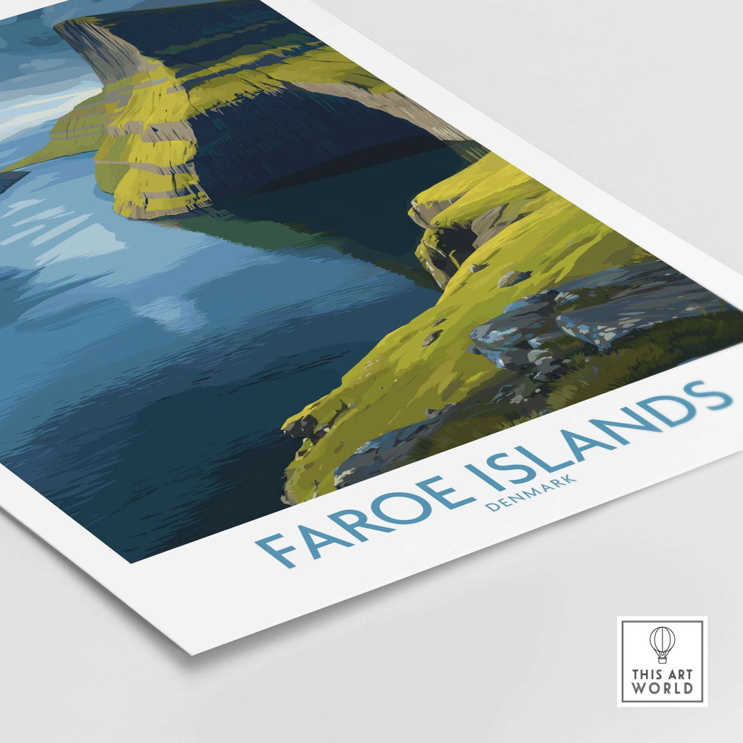 Faroe Islands Fjord Landscape Art Print featuring serene water reflections and majestic landscapes from the Faroe Islands.