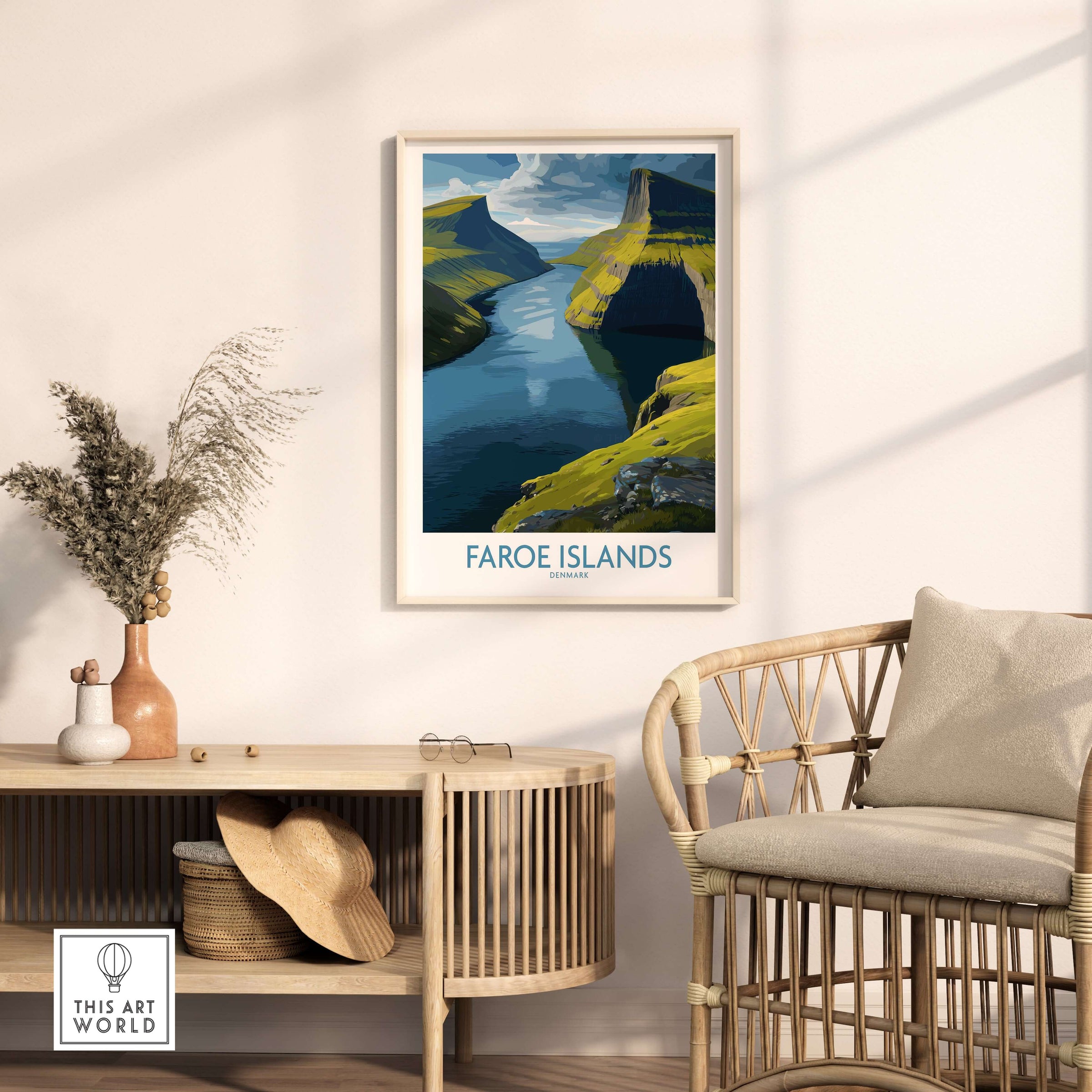 Faroe Islands Fjord Landscape Art Print featuring tranquil fjords and vibrant landscapes in modern decor.