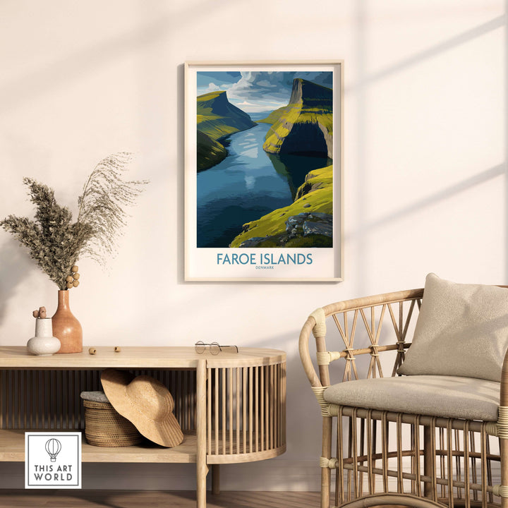 Faroe Islands Fjord Landscape Art Print featuring serene water reflections and majestic landscapes.