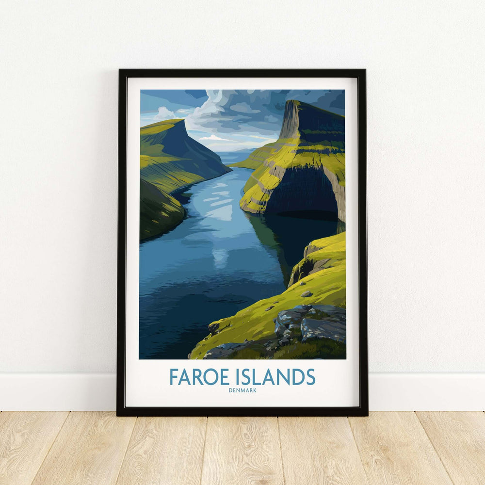 Faroe Islands Fjord Landscape Art Print featuring serene water reflection and majestic landscapes in Denmark.