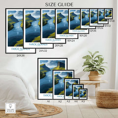 Size guide for Faroe Islands Fjord Landscape Art Print showcasing various frame dimensions.