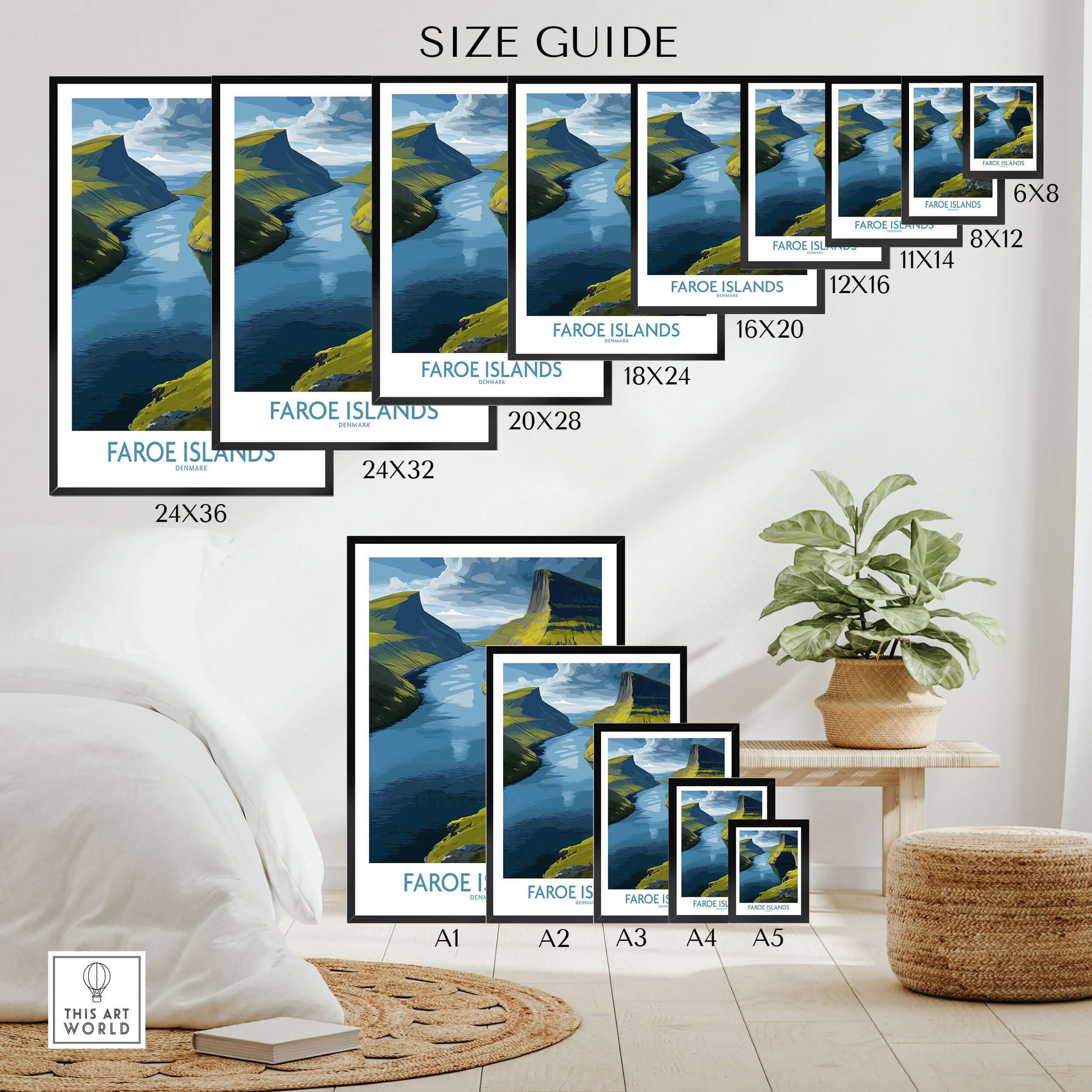 Size guide for Faroe Islands Fjord Landscape Art Print showcasing various frame dimensions.
