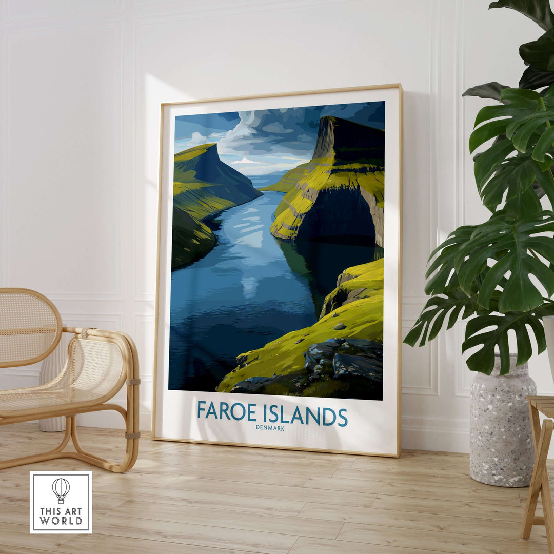 Faroe Islands Fjord Landscape Art Print showcasing serene waters and majestic landscapes in a framed decor setting.