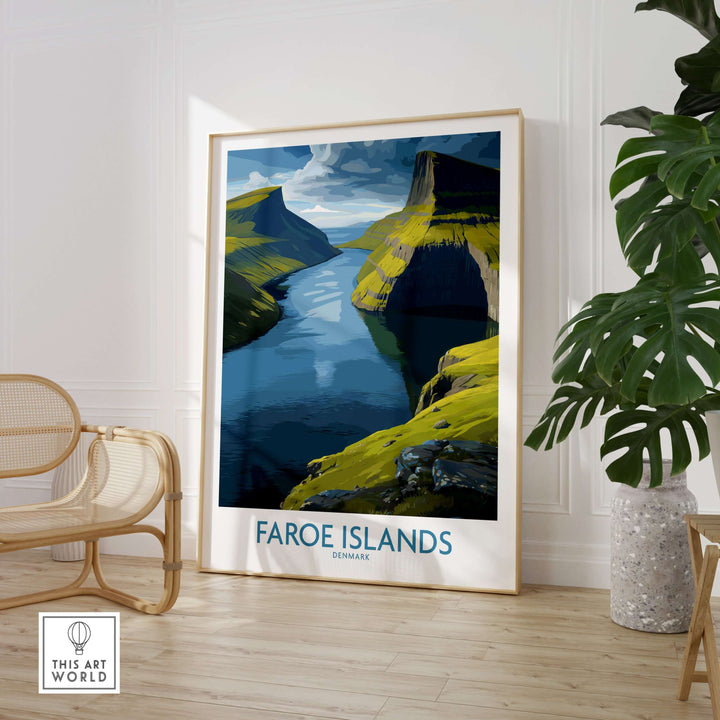 Faroe Islands Fjord Landscape Art Print showcasing serene waters and majestic landscapes in a framed decor setting.