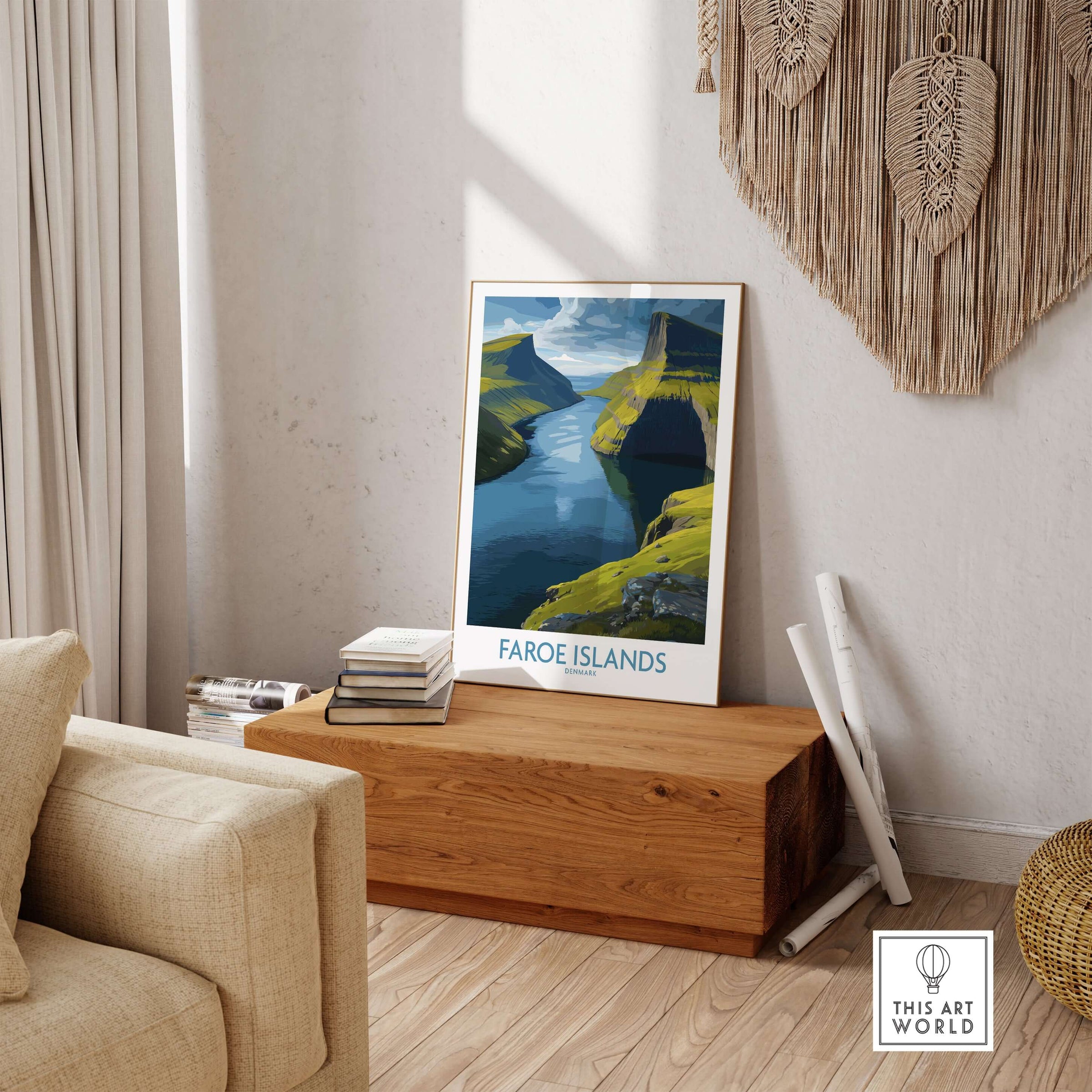 Faroe Islands Fjord Landscape Art Print showcasing serene waters and majestic landscapes in a cozy room setting.