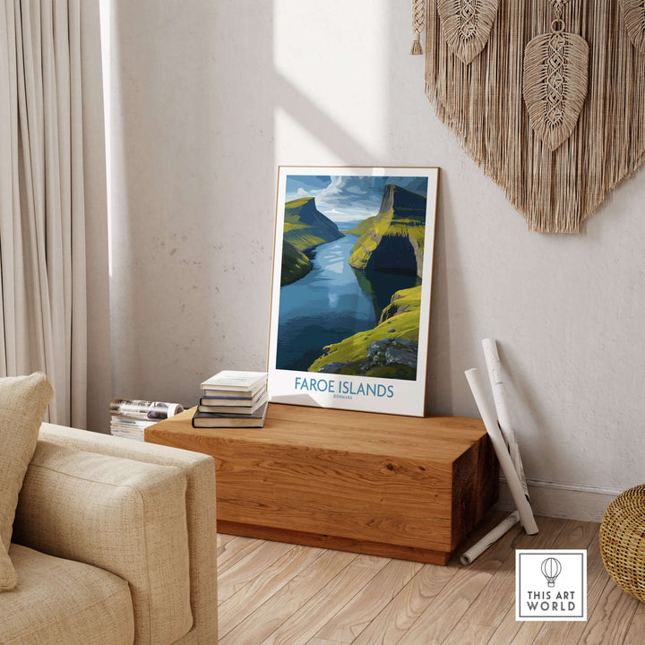 Faroe Islands Fjord Landscape Art Print showcased in a modern living space, evoking tranquility and natural beauty.