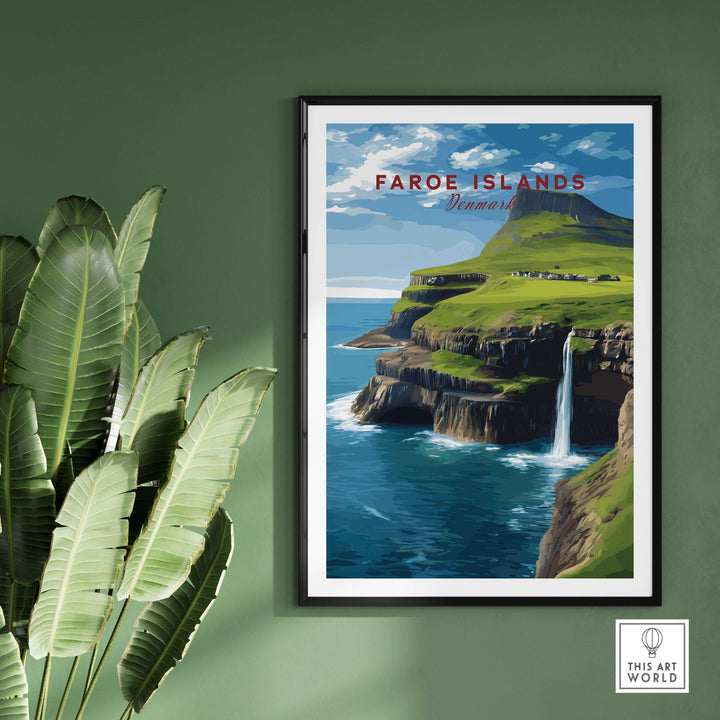 Faroe Islands Gásadalur Waterfall View Print | Nordic Nature Wall Decor with vibrant green landscape and cascading waterfall.