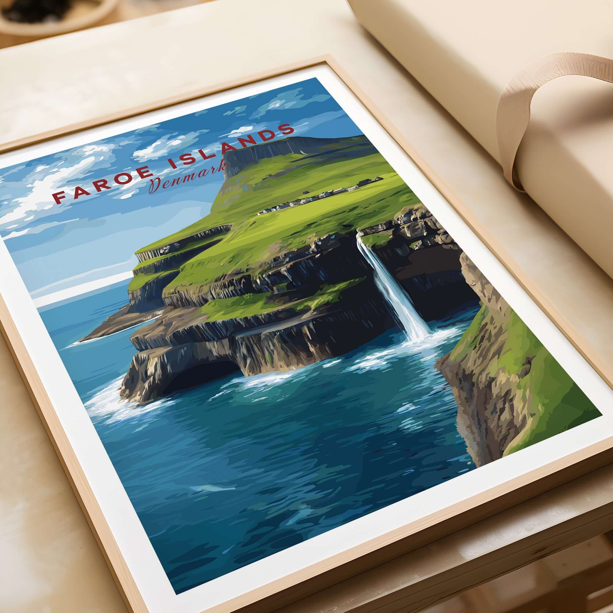 Faroe Islands Gásadalur Waterfall View Print | Nordic Nature Wall Decor showcasing a stunning waterfall and dramatic landscape.