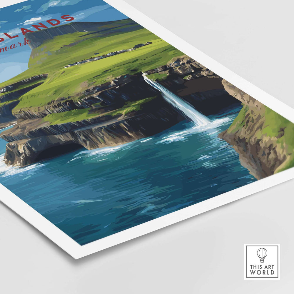 Faroe Islands Gásadalur Waterfall View Print | Nordic Nature Wall Decor showcasing breathtaking landscape and waterfall.