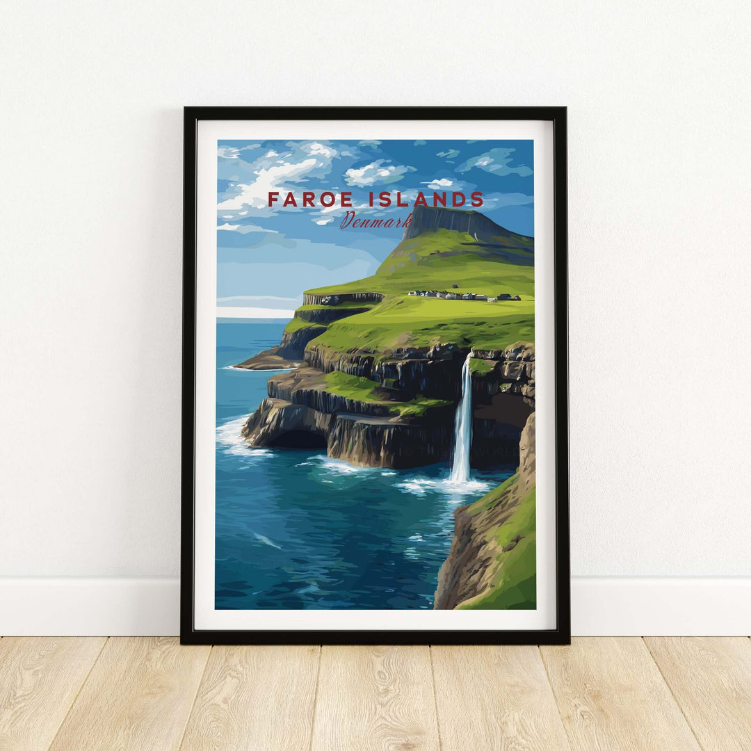 Faroe Islands Gásadalur Waterfall View Print | Nordic Nature Wall Decor showcasing the stunning landscape and waterfall.