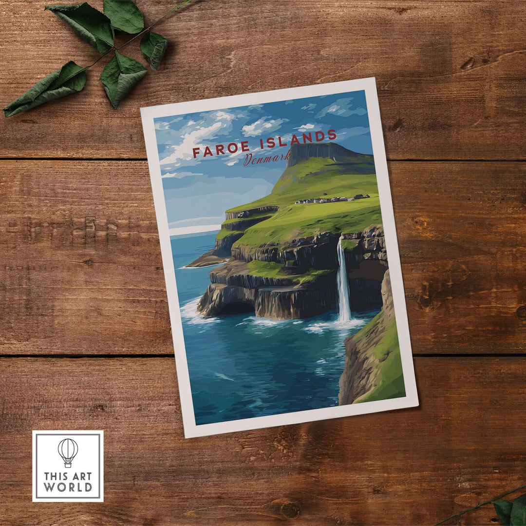 Faroe Islands Gásadalur Waterfall View Print | Nordic Nature Wall Decor featuring a stunning waterfall landscape.