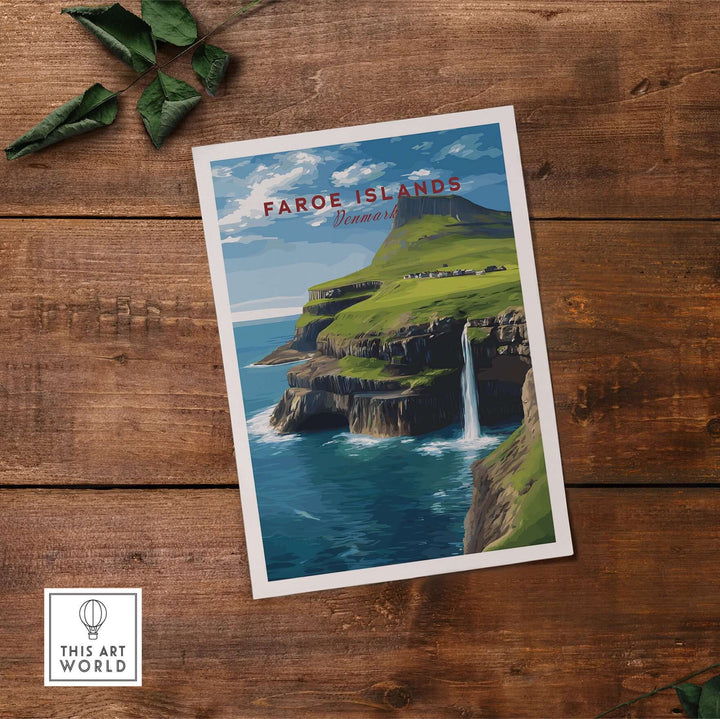 Faroe Islands Gásadalur Waterfall View Print | Nordic Nature Wall Decor featuring a stunning waterfall landscape.