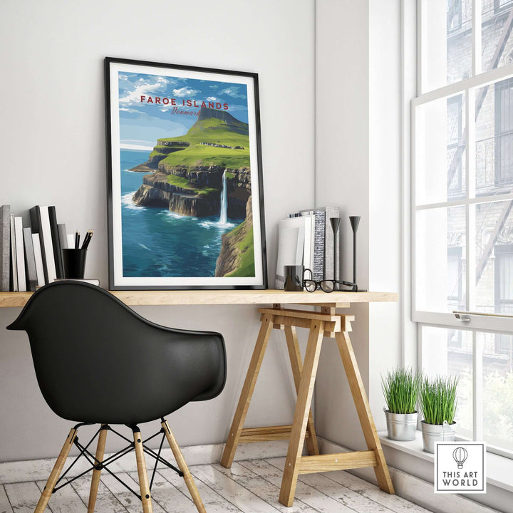 Faroe Islands Gásadalur Waterfall View Print | Nordic Nature Wall Decor displayed in a modern interior setting.