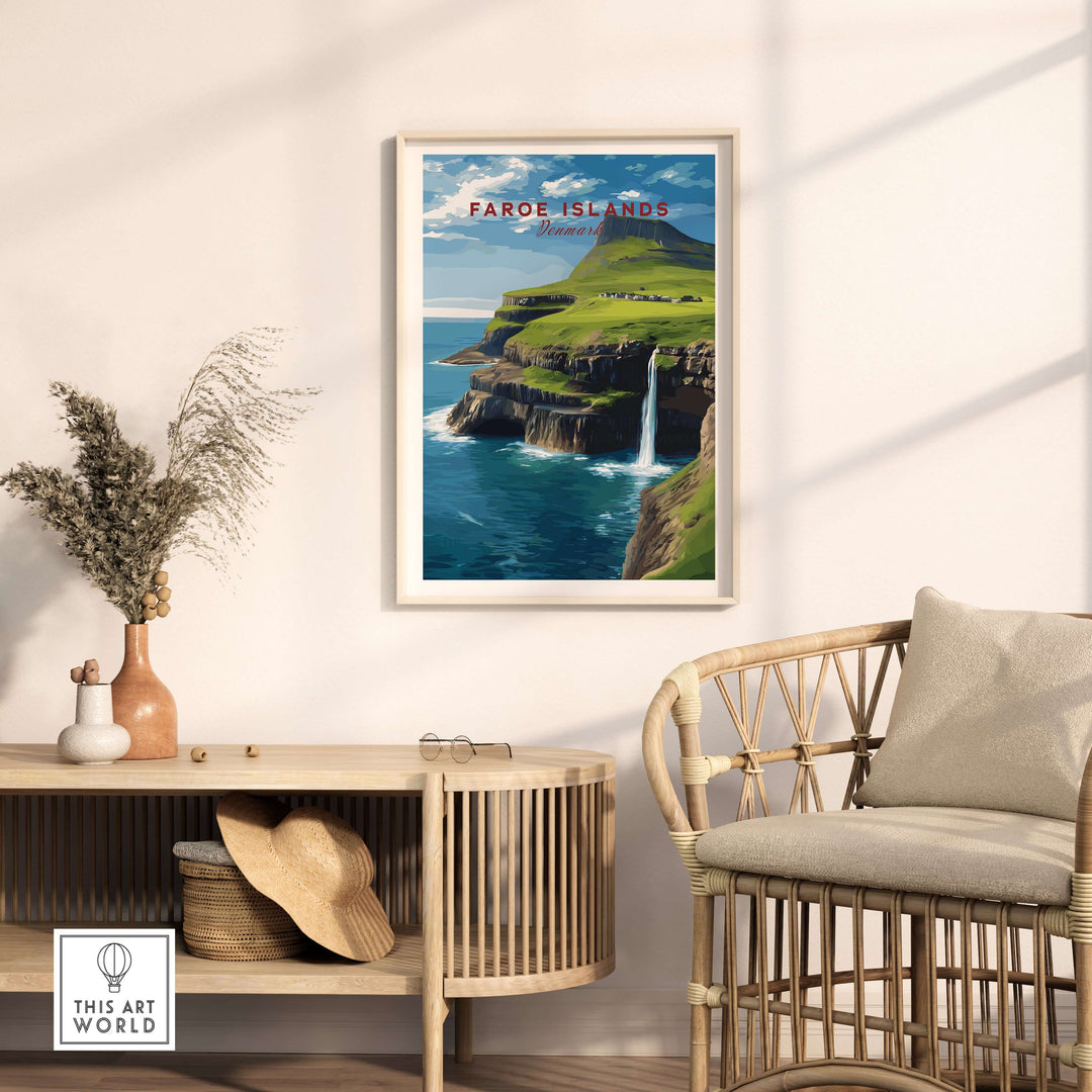 Faroe Islands Gásadalur Waterfall View Print | Nordic Nature Wall Decor displayed in a modern living room setting.