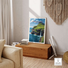 Faroe Islands Gásadalur Waterfall View Print | Nordic Nature Wall Decor displayed in a cozy living room setting.