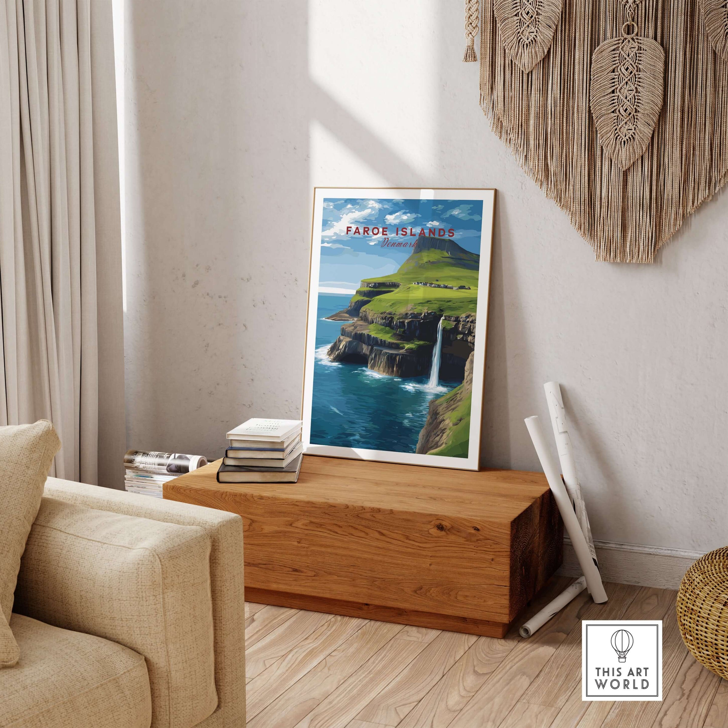Faroe Islands Gásadalur Waterfall View Print | Nordic Nature Wall Decor displayed in a cozy living room setting.