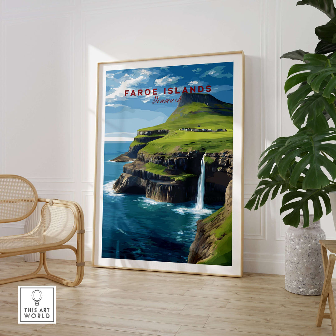Faroe Islands Gásadalur Waterfall View Print | Nordic Nature Wall Decor featuring scenic waterfall and cliffs