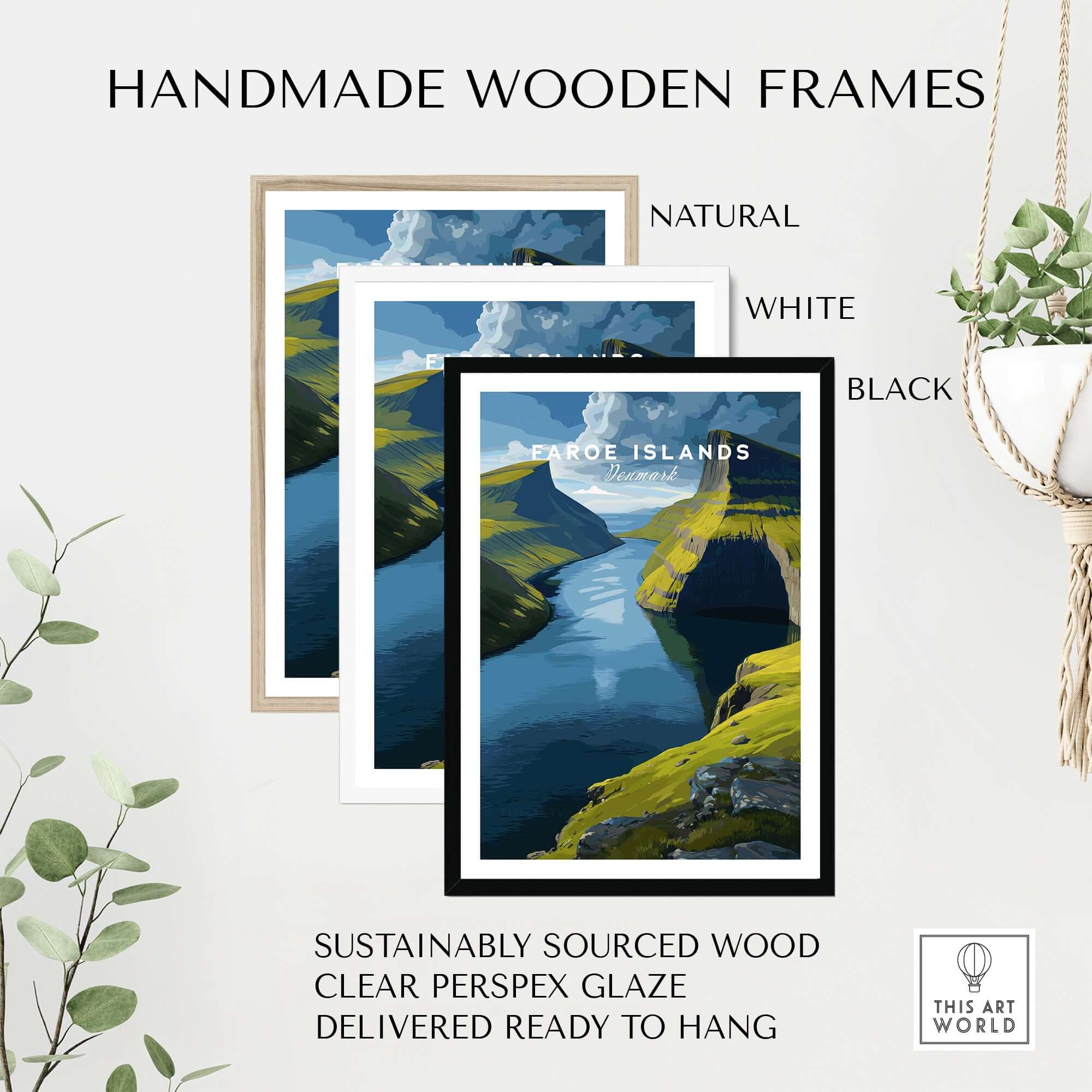 Faroe Islands Vertical Cliffs Canyon Print | Nordic Wild Nature Decor framed in natural, white, and black handmade wooden frames.
