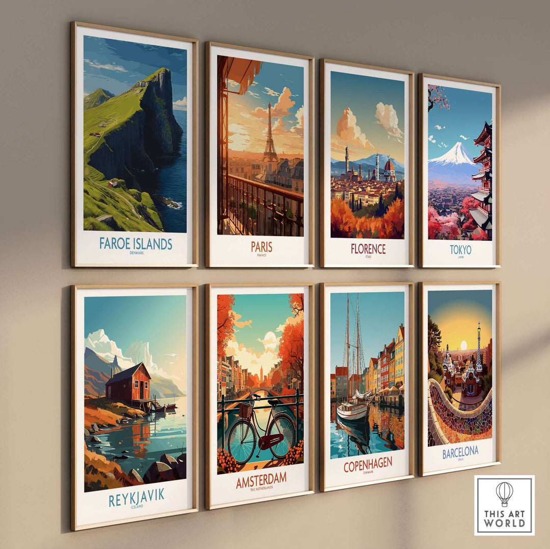Faroe Islands Art Print | High Cliffs Travel Poster featured among various travel posters on a gallery wall.