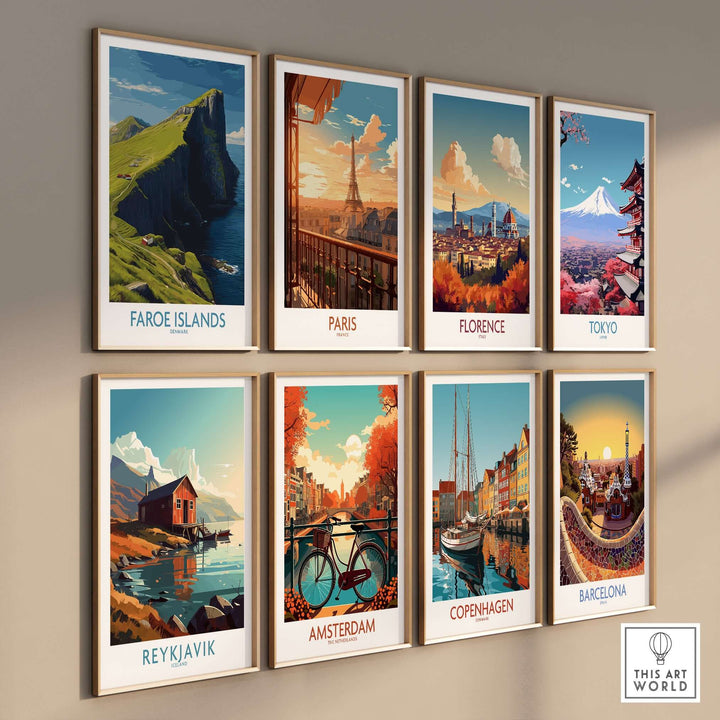 Faroe Islands Art Print | High Cliffs Travel Poster featured among various travel posters on a gallery wall.