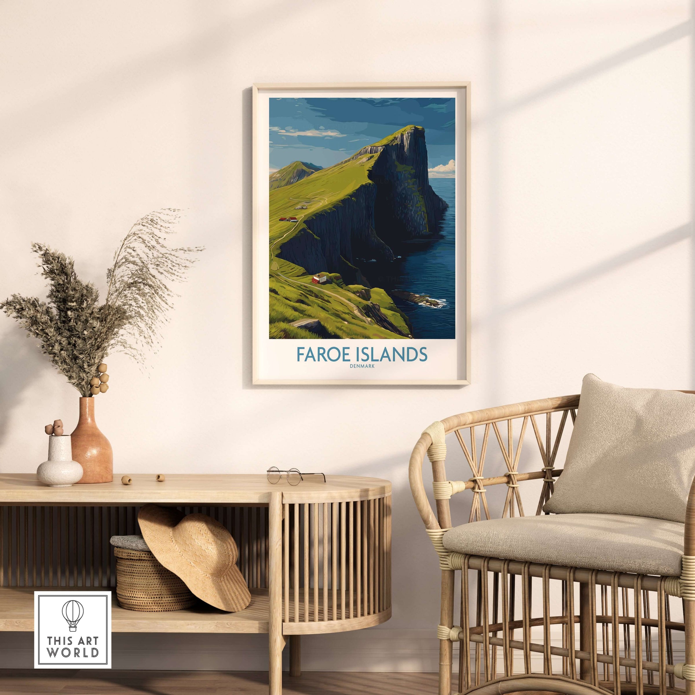 Faroe Islands Art Print | High Cliffs Travel Poster displayed in a modern living room setting with natural decor.