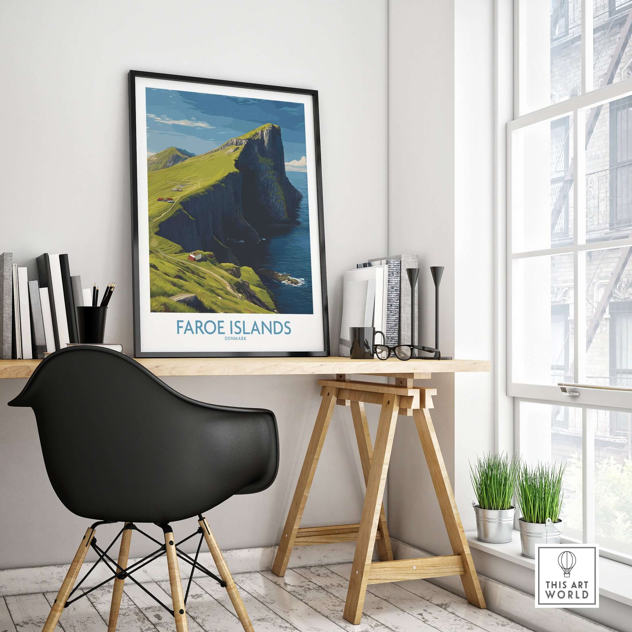 Faroe Islands Art Print | High Cliffs Travel Poster displayed in a modern office setting with contemporary decor.