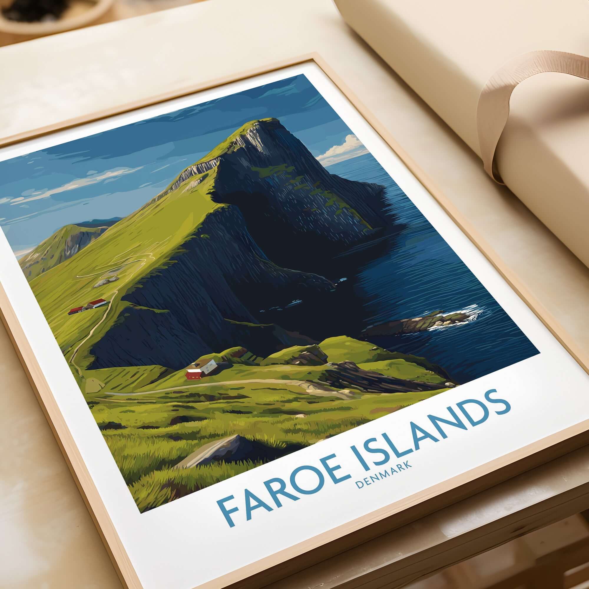 Faroe Islands Art Print | High Cliffs Travel Poster featuring dramatic cliffs and coastline in a vibrant design.