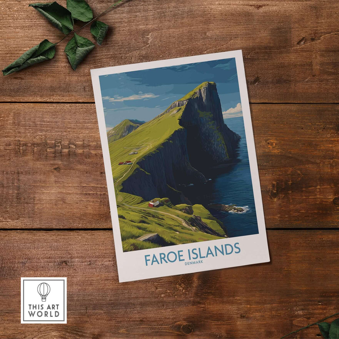 Faroe Islands Art Print | High Cliffs Travel Poster showcasing dramatic cliffs and rugged coastline.