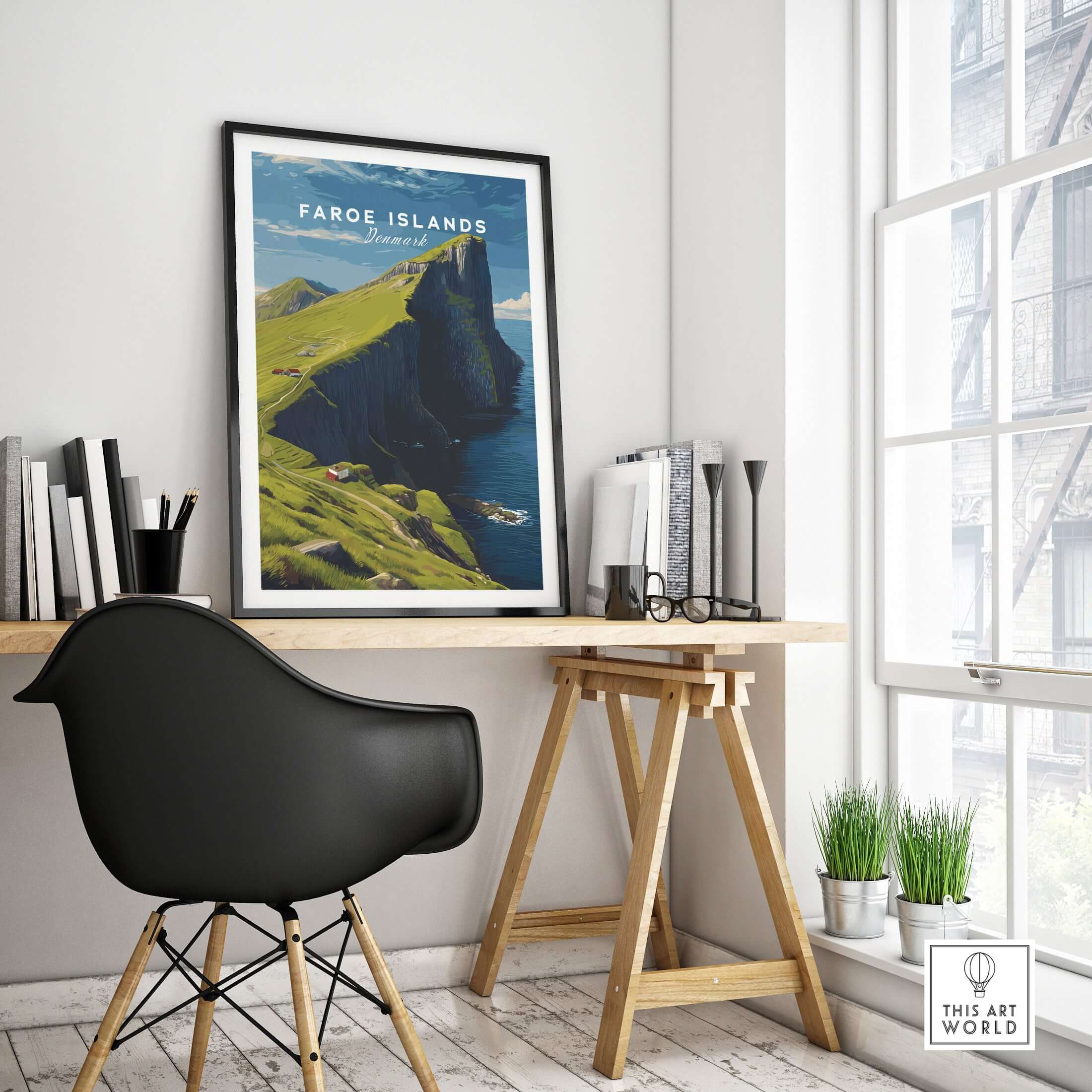 Faroe Islands Kalsoy Dramatic Scenery Print | Nordic Adventure Wall Art displayed in a modern office setting.