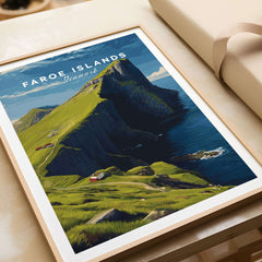 Faroe Islands Kalsoy Dramatic Scenery Print | Nordic Adventure Wall Art showcasing rugged cliffs and vibrant landscapes.