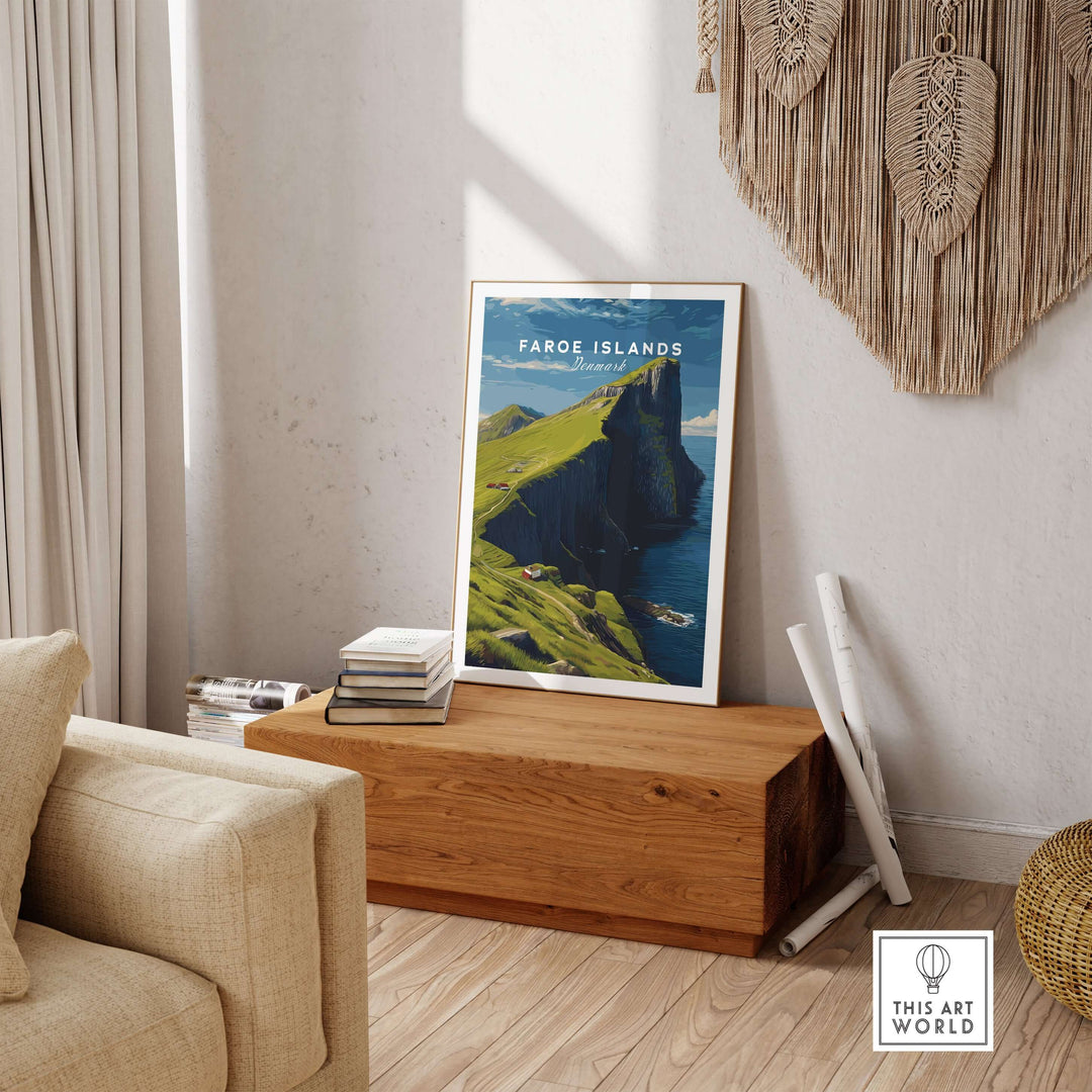Faroe Islands Kalsoy Dramatic Scenery Print | Nordic Adventure Wall Art displayed in a cozy living room setting.