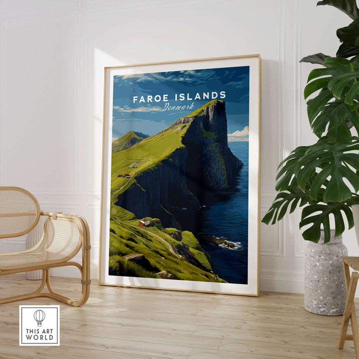 Faroe Islands Kalsoy Dramatic Scenery Print | Nordic Adventure Wall Art displayed in modern interior with lush greenery.