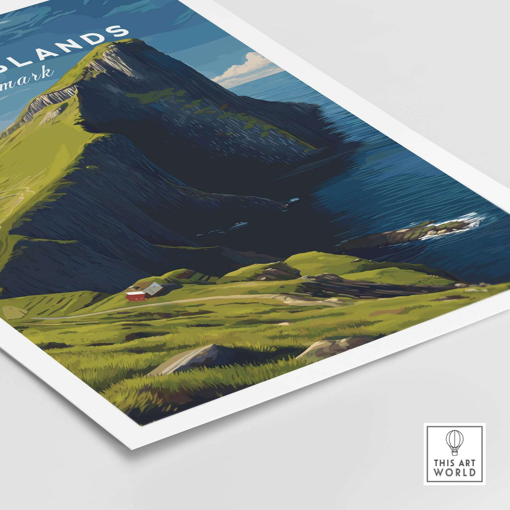 Faroe Islands Kalsoy Dramatic Scenery Print | Nordic Adventure Wall Art depicting dramatic cliffs and lush landscapes.