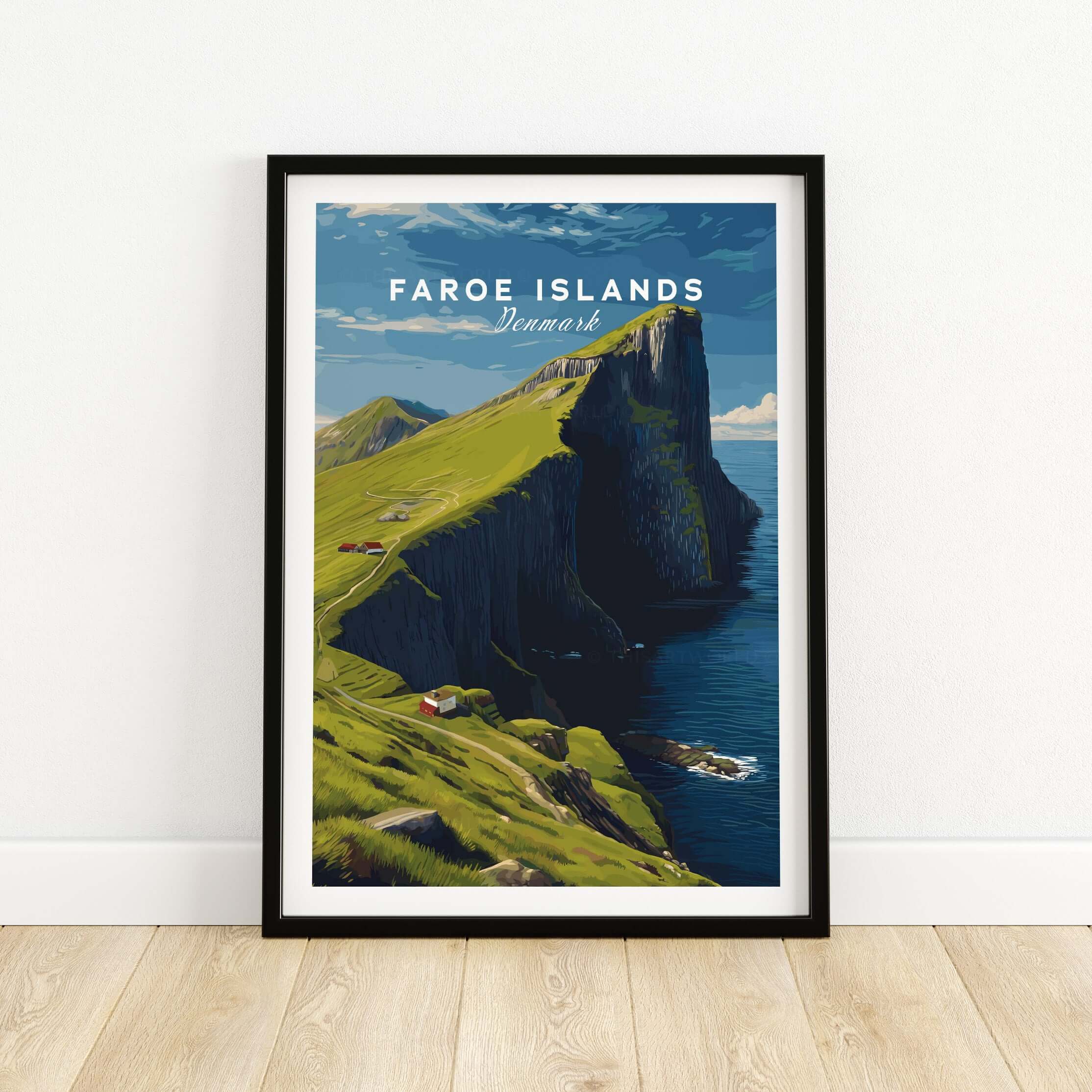 Faroe Islands Kalsoy Dramatic Scenery Print | Nordic Adventure Wall Art showcasing cliffs and ocean in vibrant colors.