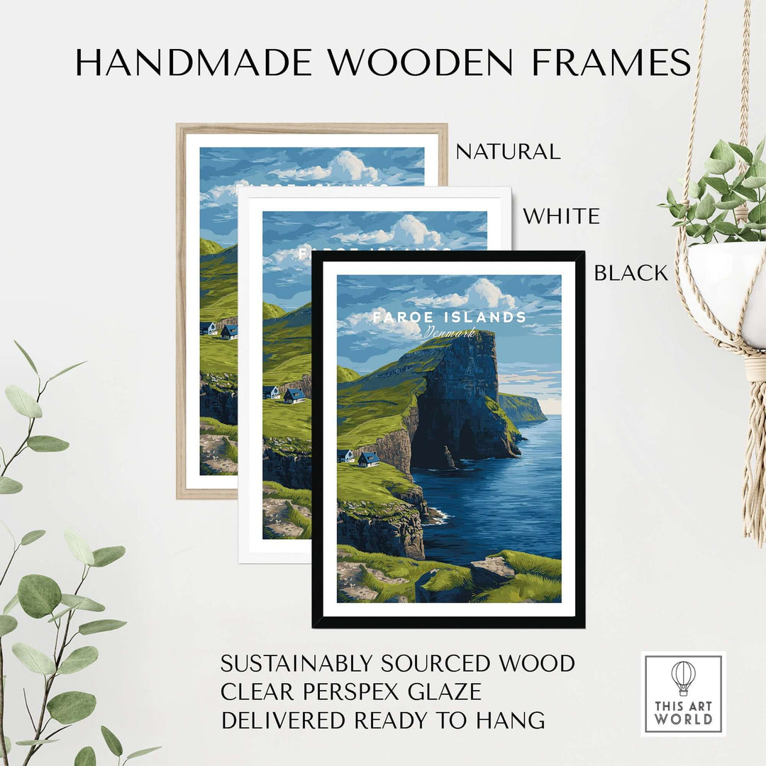 Faroe Islands North Atlantic Sea View Print | Nordic Nature Wall Decor displayed in handmade wooden frames.