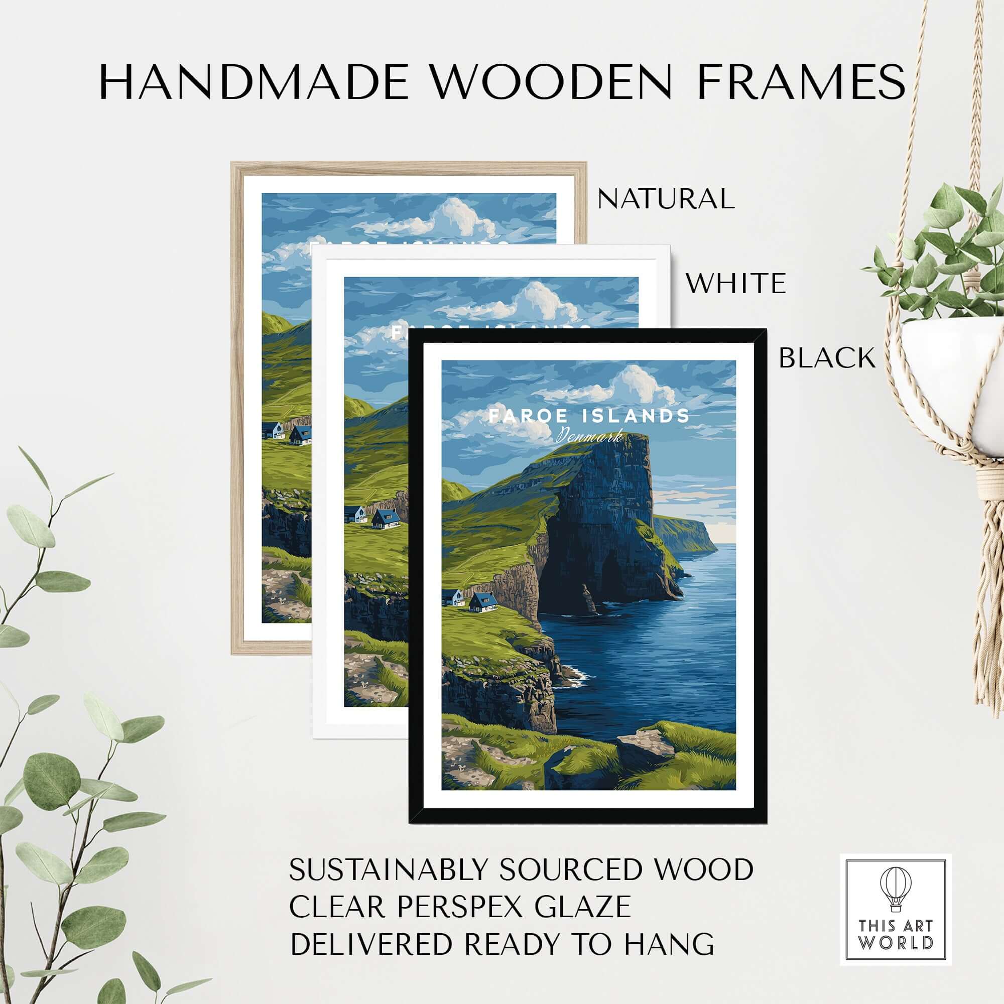 Handmade wooden frames in natural, white, and black for Faroe Islands North Atlantic Sea View Print | Nordic Nature Wall Decor.