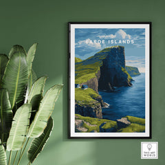 Faroe Islands North Atlantic Sea View Print | Nordic Nature Wall Decor framed on a green wall next to a leafy plant.