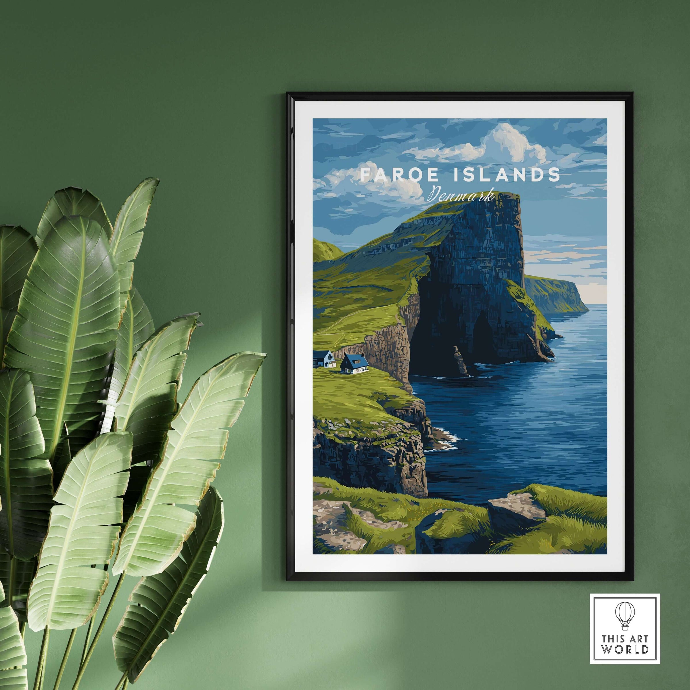Faroe Islands North Atlantic Sea View Print | Nordic Nature Wall Decor framed on a green wall next to a leafy plant.