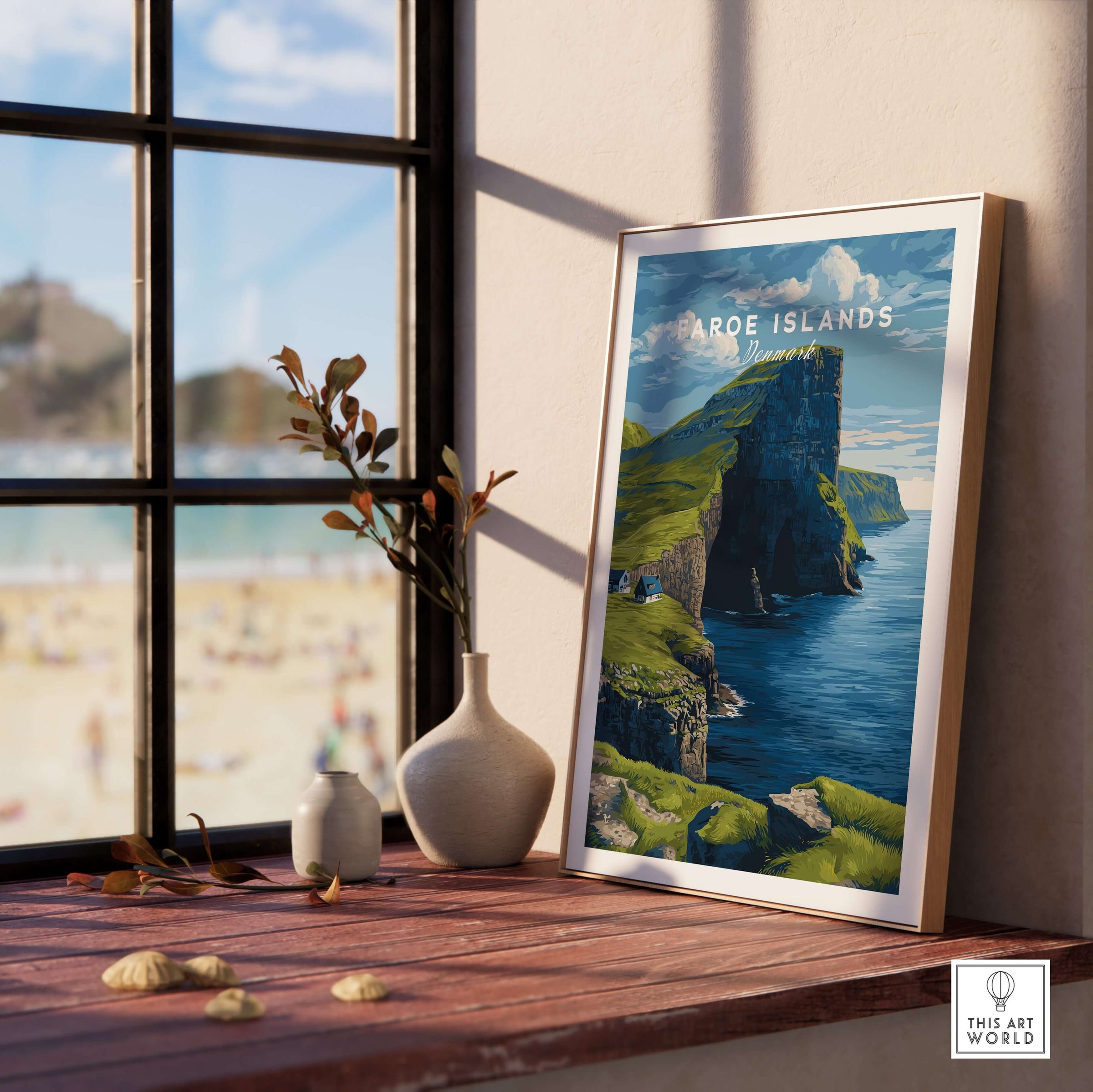 Faroe Islands North Atlantic Sea View Print | Nordic Nature Wall Decor displayed in a cozy interior setting by a window.