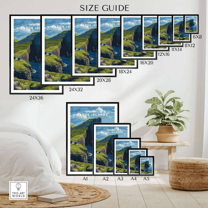 Faroe Islands North Atlantic Sea View Print | Nordic Nature Wall Decor size guide showcasing various print sizes.