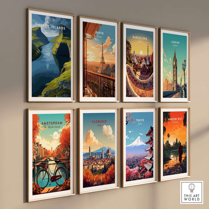 Gallery wall featuring city prints including Faroe Islands, Paris, Barcelona, London, Amsterdam, Florence, Tokyo, Angkor Wat.