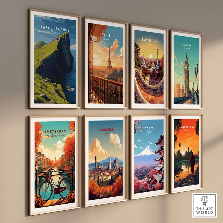 Faroe Islands Kalsoy Dramatic Scenery Print | Nordic Adventure Wall Art displayed among other vibrant city prints.