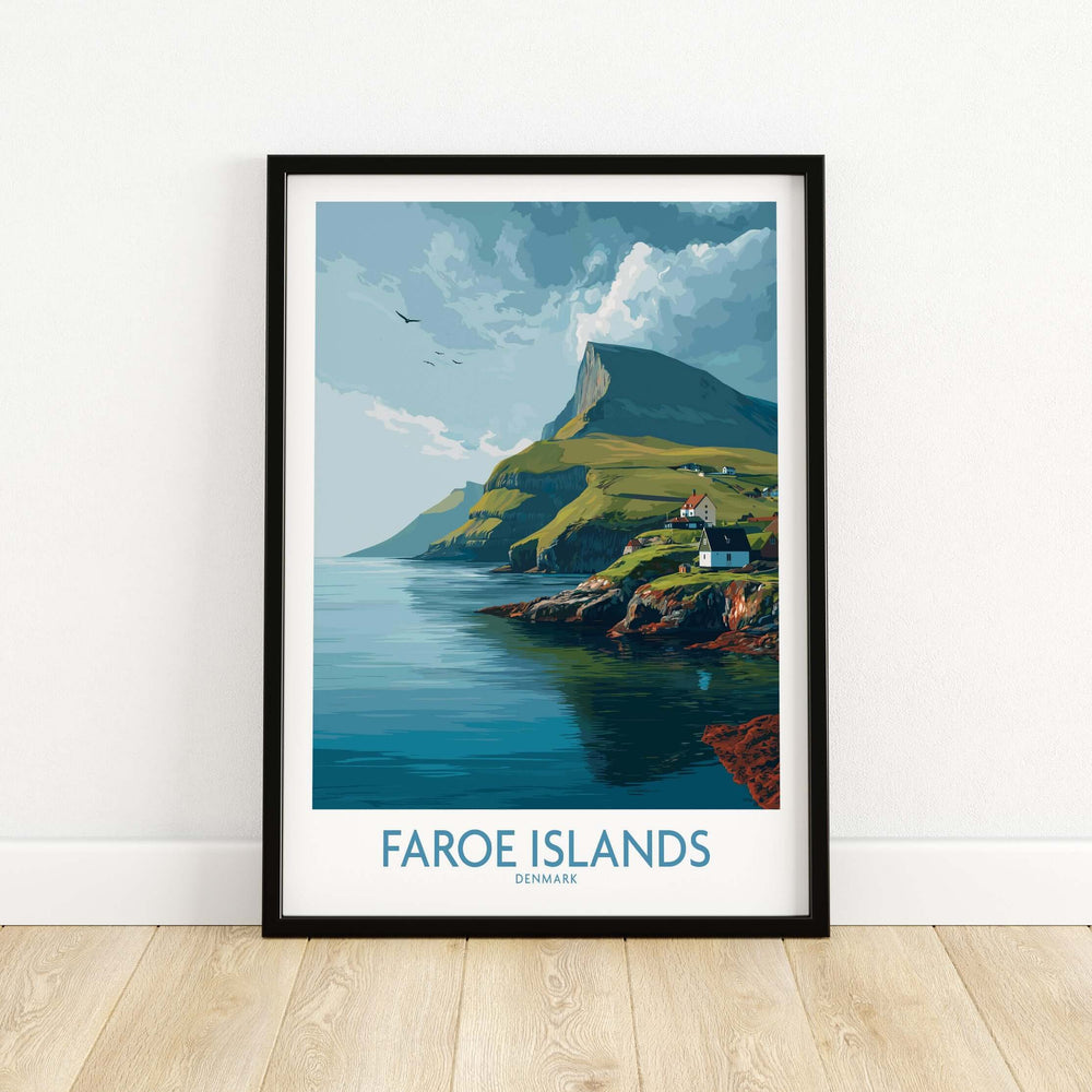 Faroe Islands Print | Dramatic Cliffs Travel Poster featuring scenic cliffs and the ocean in Denmark.