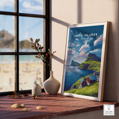 Faroe Islands Print | North Atlantic Travel Wall Art displayed near a window, showcasing its vibrant colors and stunning landscape.