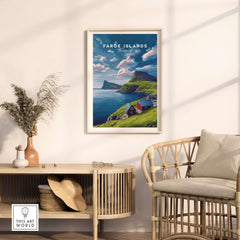 Faroe Islands Print | North Atlantic Travel Wall Art displayed in a cozy interior setting with a scenic view.