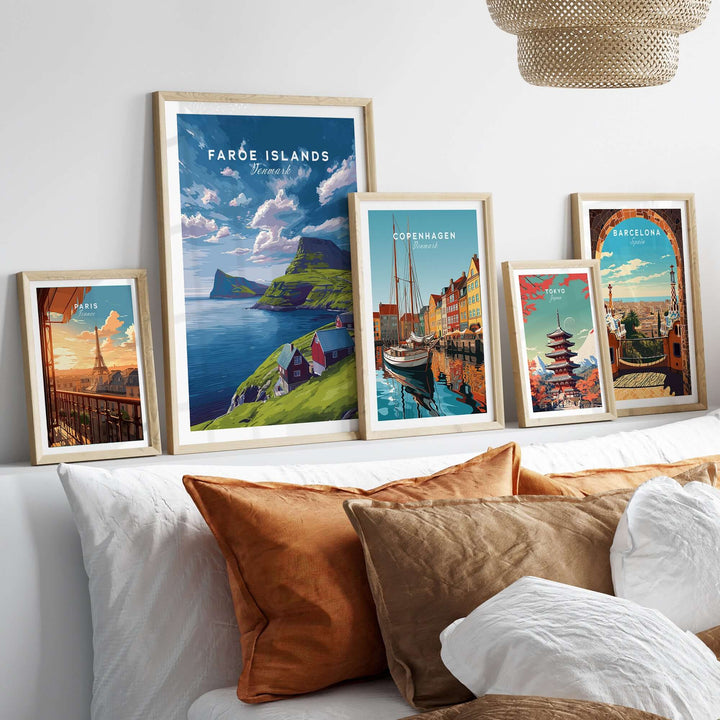 Faroe Islands Print | North Atlantic Travel Wall Art displayed in a stylish home setting with other travel prints.