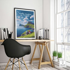 Faroe Islands Print | North Atlantic Travel Wall Art displayed in a modern workspace with a rustic desk and chair.