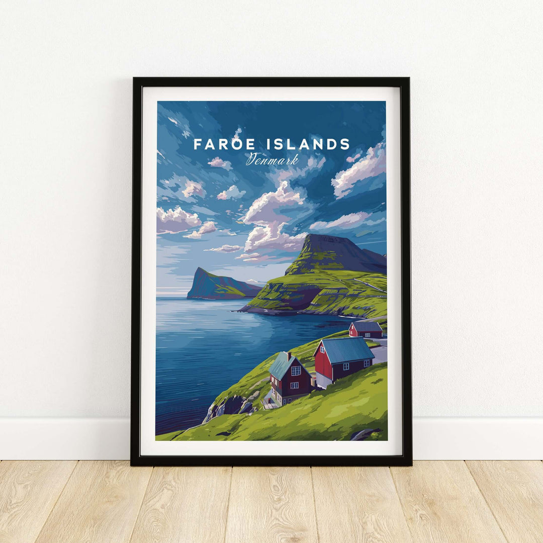 Faroe Islands Print | North Atlantic Travel Wall Art featuring stunning coastal landscape and colorful houses.