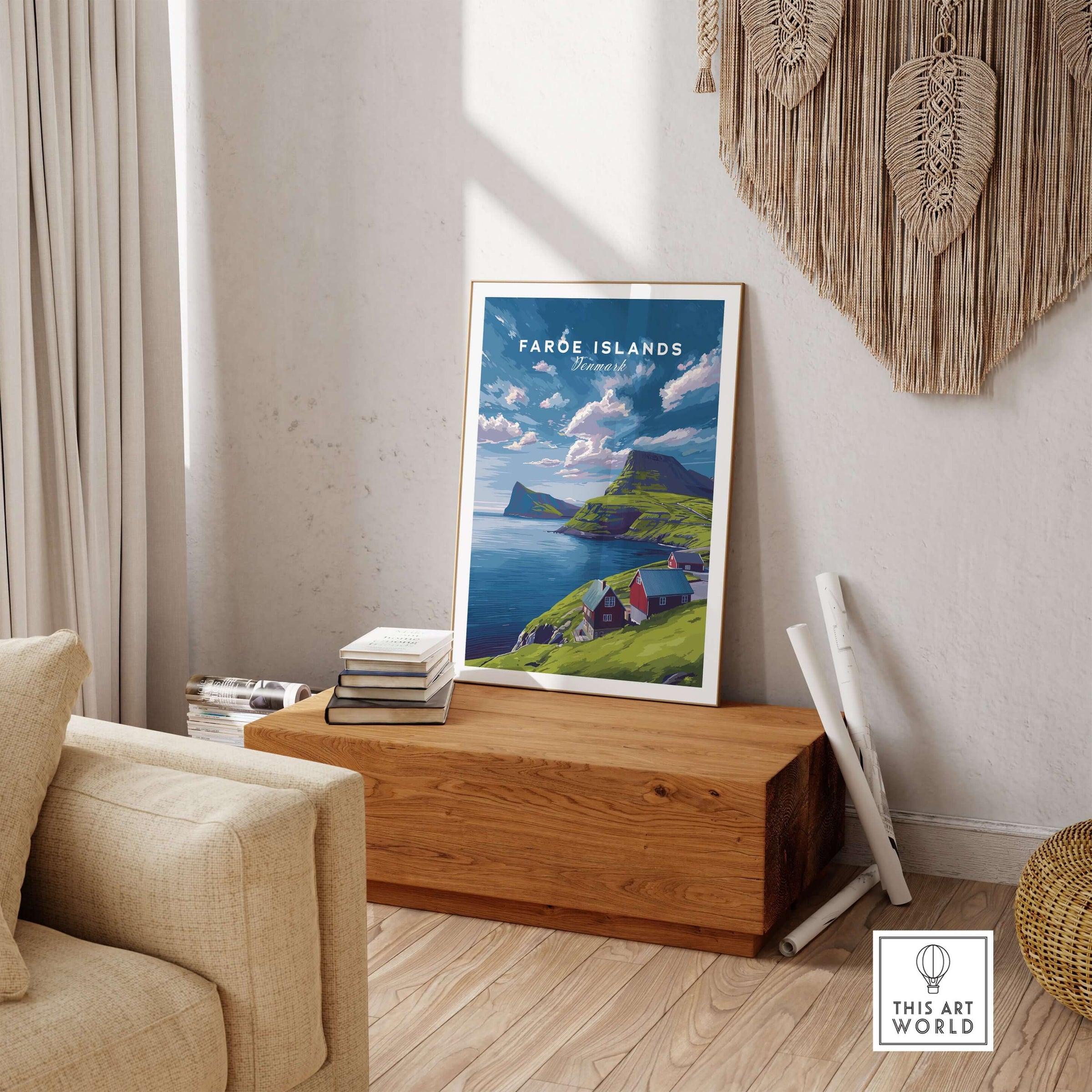 Faroe Islands Print | North Atlantic Travel Wall Art displayed in a cozy living room setting.