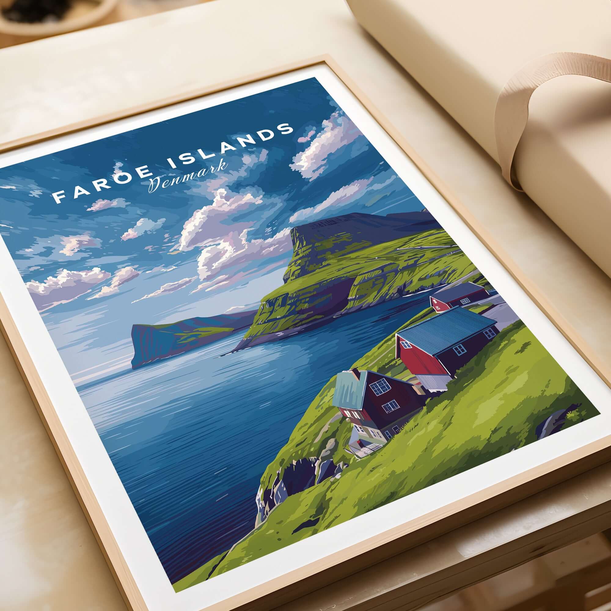 Faroe Islands Print | North Atlantic Travel Wall Art showcasing scenic cliffs and colorful houses.